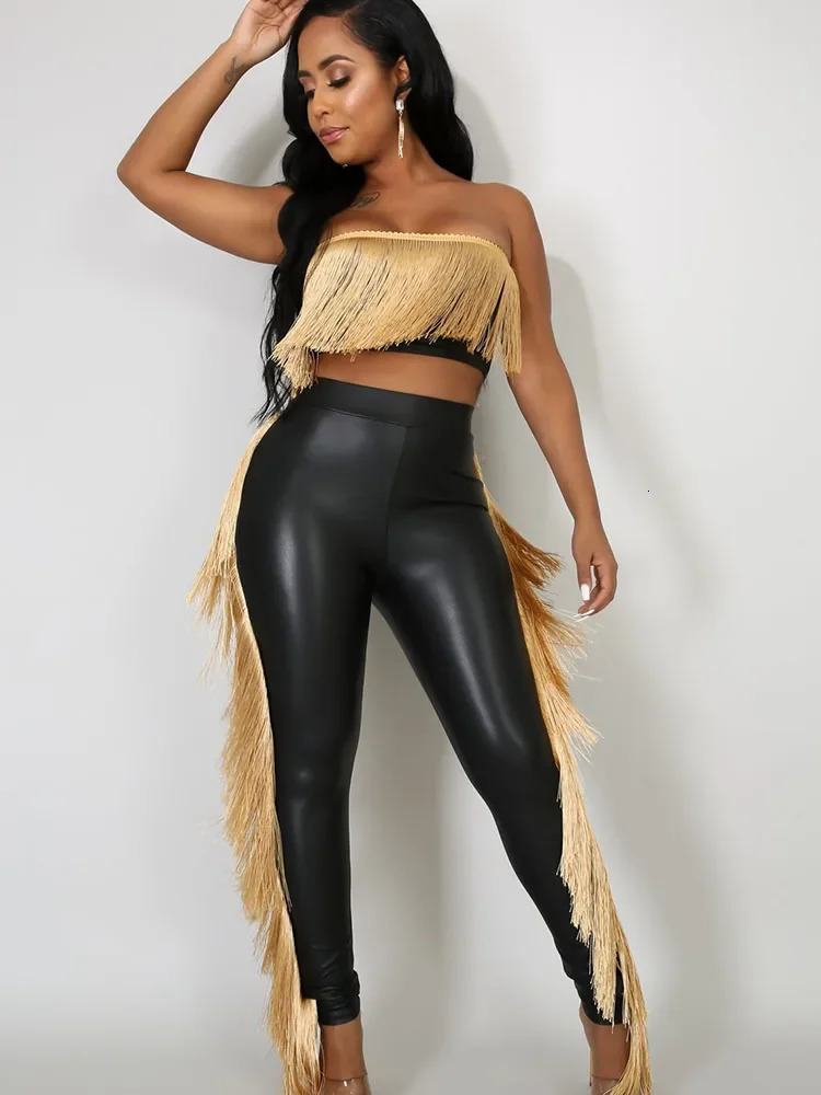 Metallic Tassels Pants Set Women 2 Piece Birthday Outfits Clubwear Strapless Crop Top and Pencil Pants Matching Sets Y2k Mujer 240314