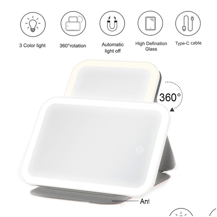 Compact Mirrors Usb Led Makeup With Lights Pink 360 Portable Foldable Smart Travel Make Up Tabletop Mirror Cosmetic Vanity Miroir Dro Dhi7z