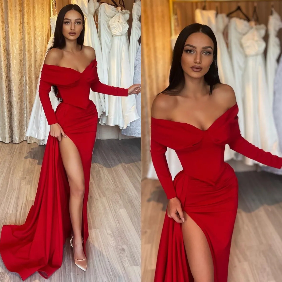Sexy Red Sheath Prom Dresses Side High Split Off The Shoulder Simple Long Evening Gowns For Women Satin Corset Full Sleeve Pageant Birthday Special Oc