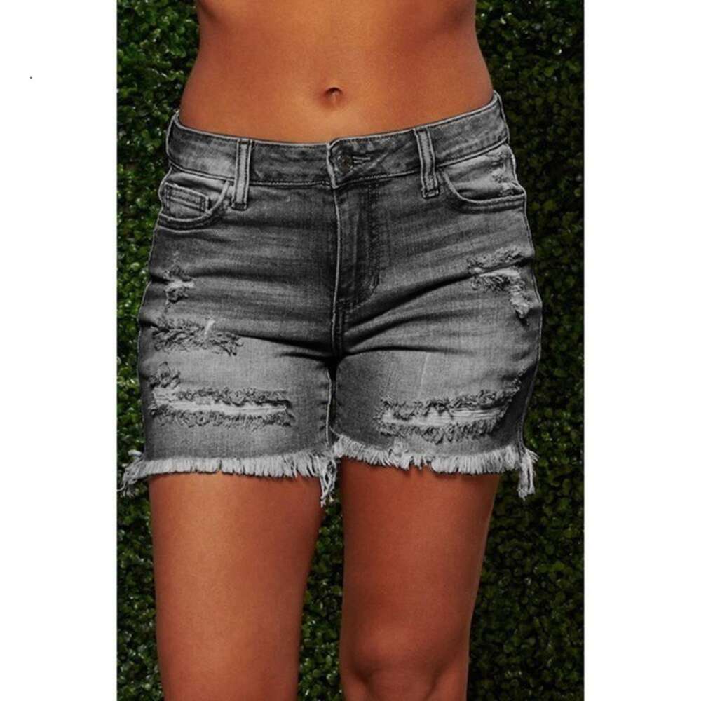 Perforated Tassels Women's High Elastic Denim Shorts Are Super Hot