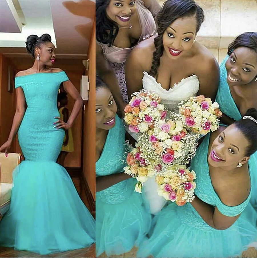 2024 Mermaid Turquoise Blue African Bridesmaid Dresses Off The Shoulder Sexy Plus Size Lace Maid of Honor Bridal Party Wedding Guest Gowns