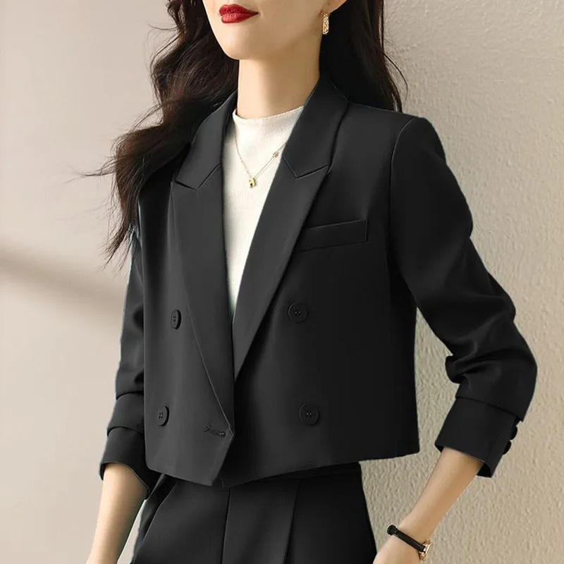 Lucyever Black Cropped Blazers for Women Korean Fashion Double-Breasted Office Suit Coat Ladies Vintage Long Sleeve Outerwear 240306