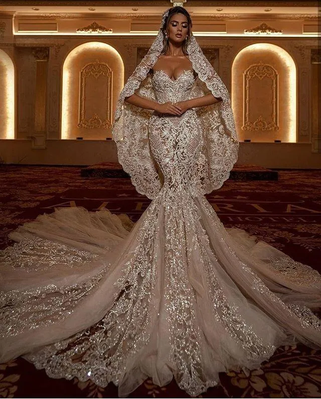 Applique Lace Mermaid Wedding Dresses Sweetheart Illusion Zipper Back Sweep Train Bride Dress Vestido De Noiva BC