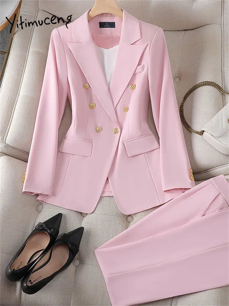 Yitimuceng Office Ladies Two Piece Sets Outifits 2023 Double Breasted Turn Down Collar Blazers Elegant Skirt Suits 240315