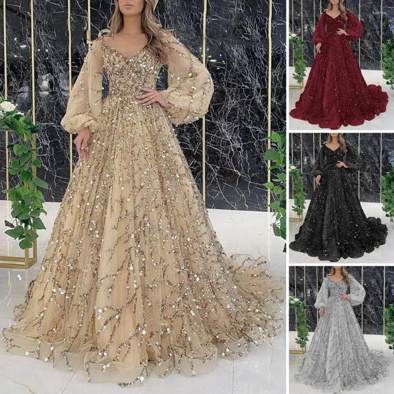 Casual Dresses Women Elegant Evening Party Dress Sequins Mesh Luxury Long Lantern Sleeve Double-layered Cocktail Vestidos