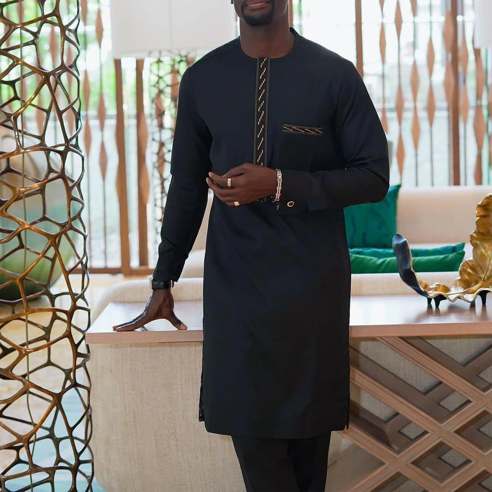 Kaftan Summer Mens Suit Round Neck Longsleeved Top Pants African Male Traditional Outfit National Style 2PCS Clothing Sets 240301