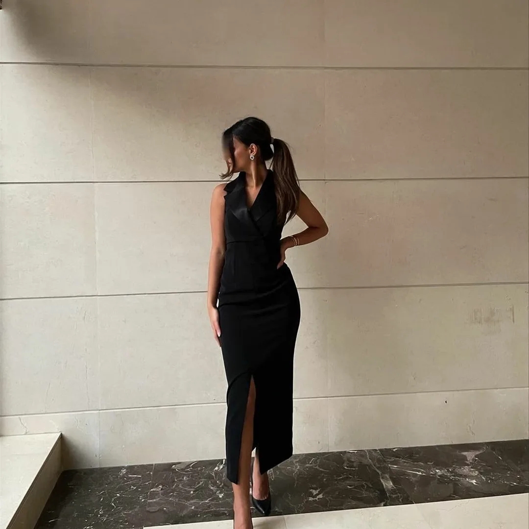 Elegant Long Satin V-Neck Evening Dresses With Slit Mermaid Black Zipper Ankle Length Party Dresses Prom Gowns for Women