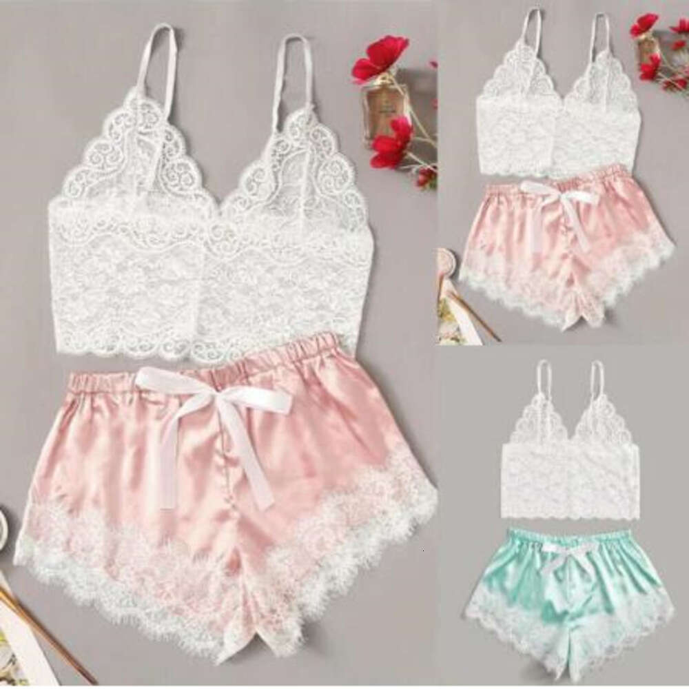 V Neck Solid Sleepwear Summer Women Pajamas Silk Pijamas Sleepwear Lace Short Pants Lingerie Hollowed Underwear Nightdress Set Conjuntos De Camison De