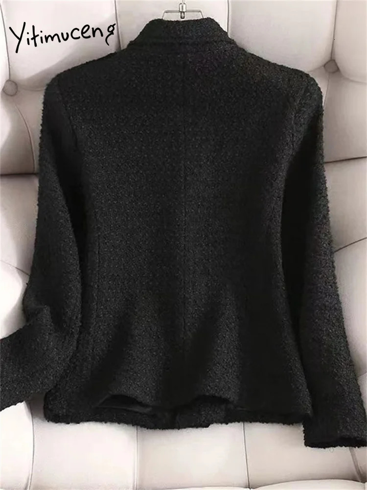 Yitimuceng Button Up Jackets for Women Autumn Winter Office Ladies Turn Down Collar Coats Vintage Long Sleeve Tweed Jacket 240307