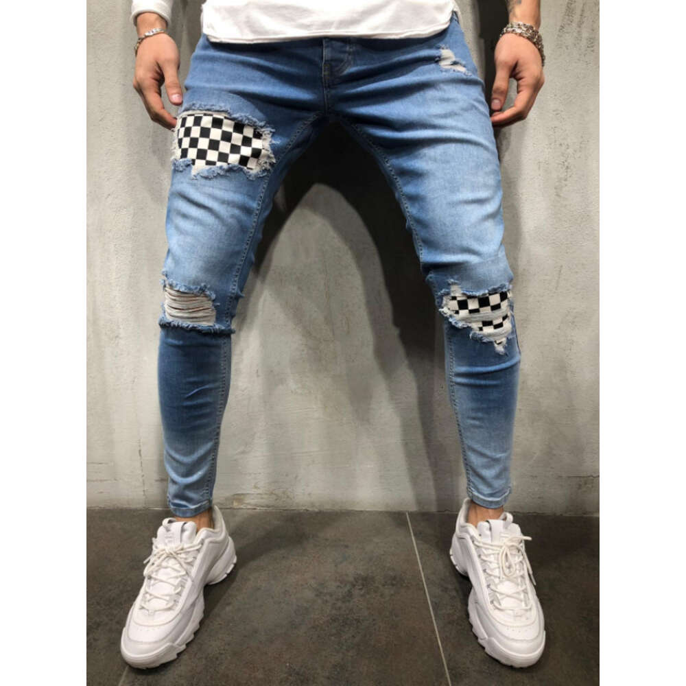 Men's Jeans with Torn Holes, Elastic Patches, Small Leg Pants, Men's Fashion