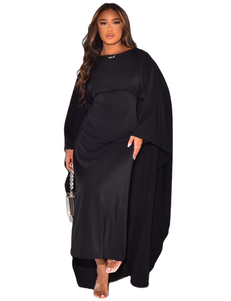 Women Casual Dresses Satin Long Bat Sleeves Solid Dress Robe Autumn Elegant Loose Maxi Dresses
