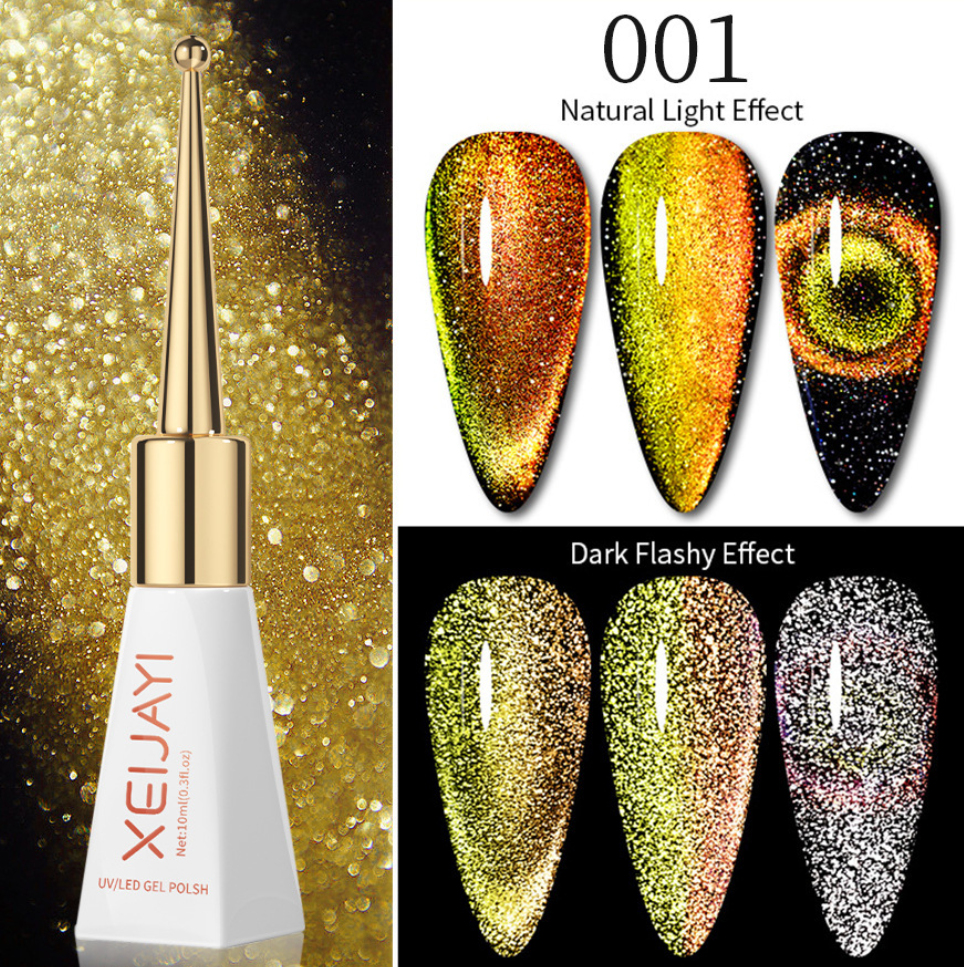 Golden Sunset Sparkle: Reflective Glass Cat Magnetic Gel Nail Polish, Luminous Glitter Effect, UV/LED Soak-Off Formula