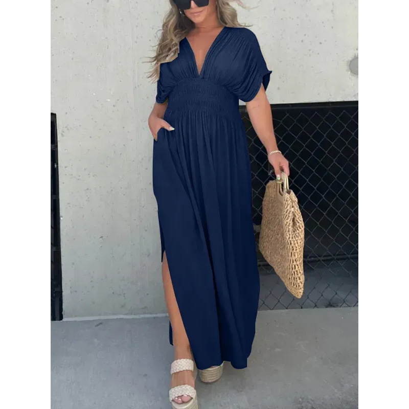 Women Loose Casual Dresses Sexy V Neck Ruched Dress Formal Dress Short Sleeve Elastic Waist Side Slit Maxi Dress