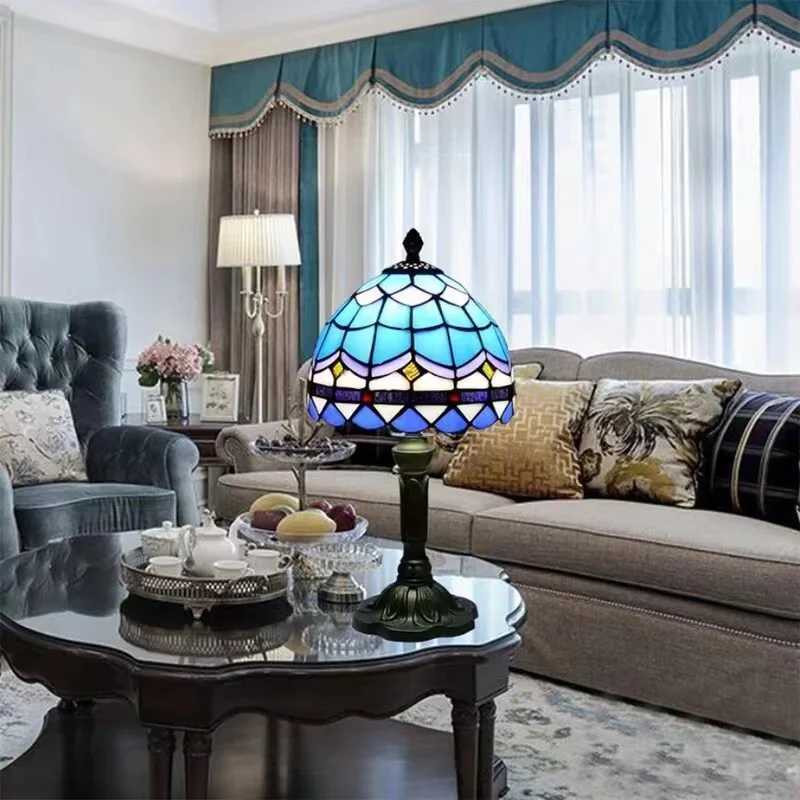 Lamps Table LED Tiffany Style Table Lamp Retro Mediterranean Decorative Lights E27 Color Glass LampshadeFor Nightstand Light Bedroom Cafe z240906 hade