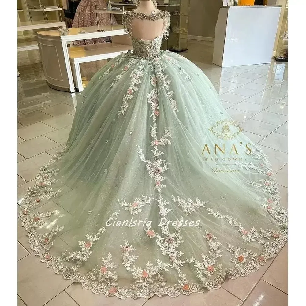 Mint Green Beading Tassel Quinceanera Dress Lace Up Corset Off Shoulder D Flowers Appliques Corset Sweet Vestidos De Custom Made