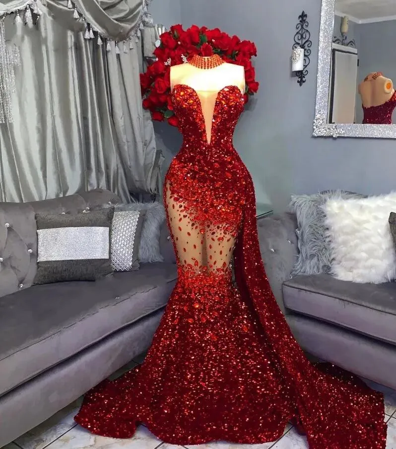 Sparkly Sier Sequins Mermaid Prom Dresses For Black Girls Sweetheart Crystal Rhie Sweep Train Formal Party Evening Gowns Robes De Bal