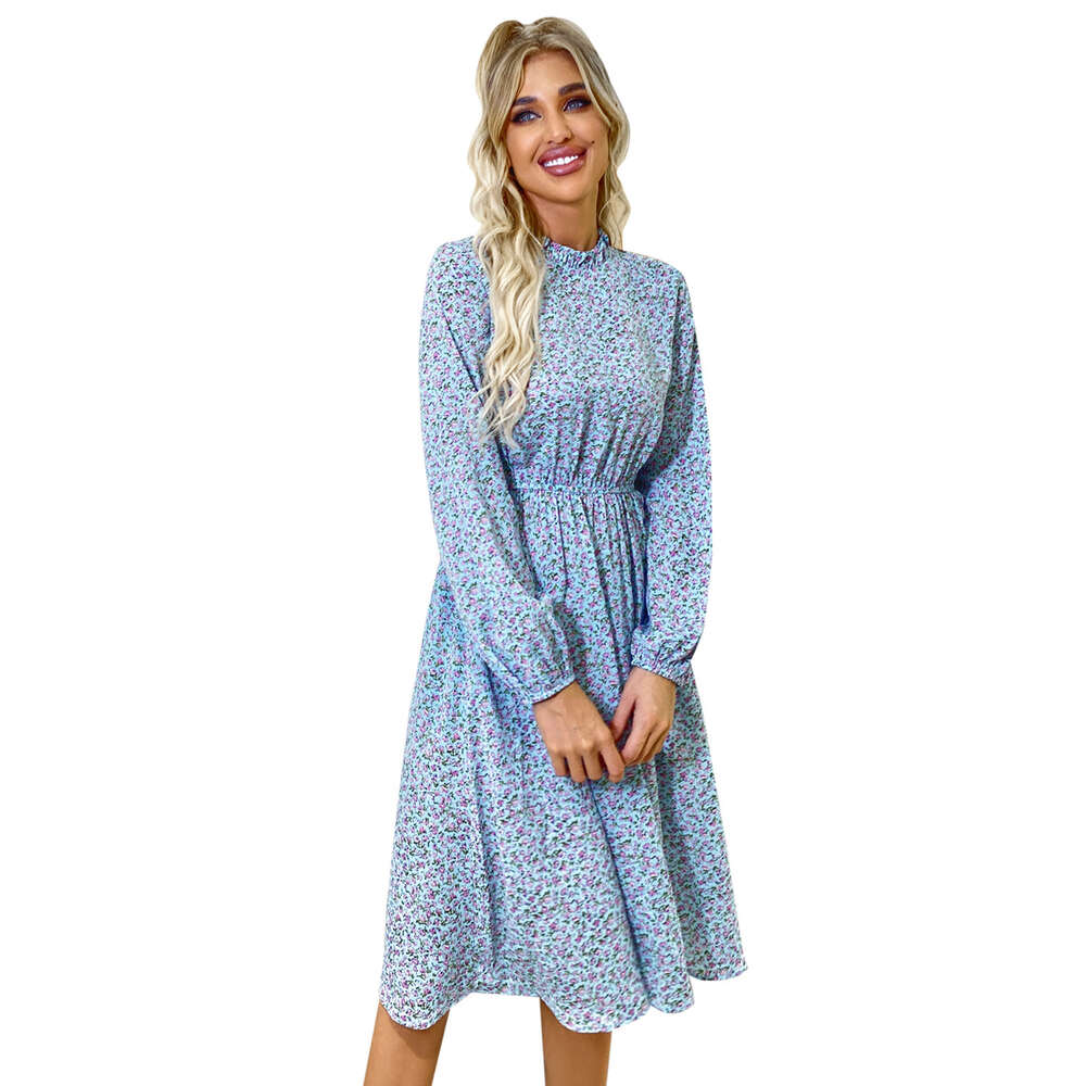 Women's Semi High Neck Waist Elastic Fashionable Floral Sweet Long Commuting Dress