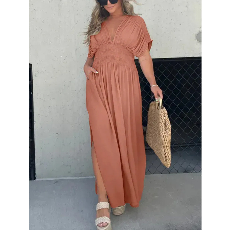 Women Loose Casual Dresses Sexy V Neck Ruched Dress Formal Dress Short Sleeve Elastic Waist Side Slit Maxi Dress