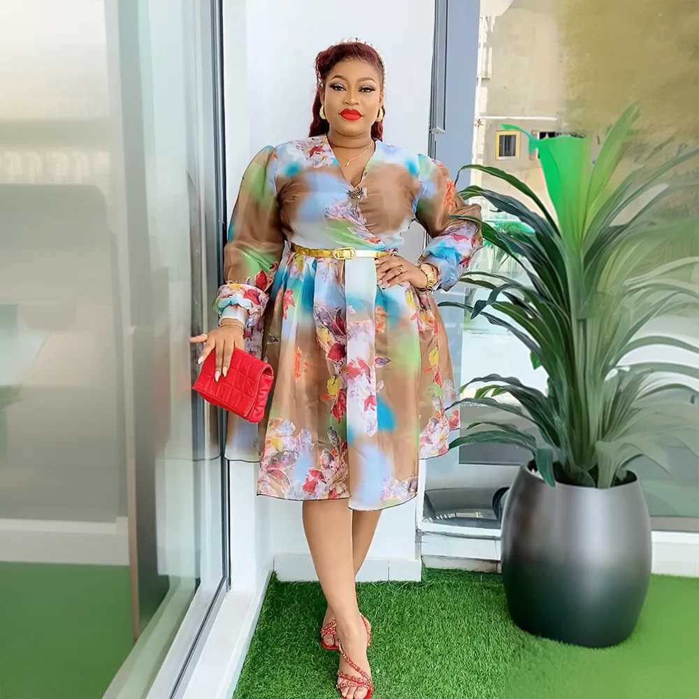 Basic Casual Dresses 2024 New African Dresses for Women New Arrival Summer Long Sle V-neck Printed Dress with Belt Africa Women ClothesC24315