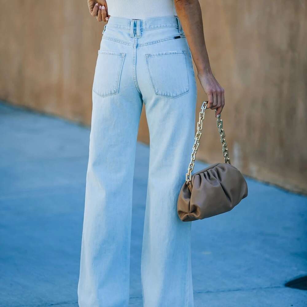 2024 Women's Jeans Wide Legged Washed and Perforated Casual Denim Pants