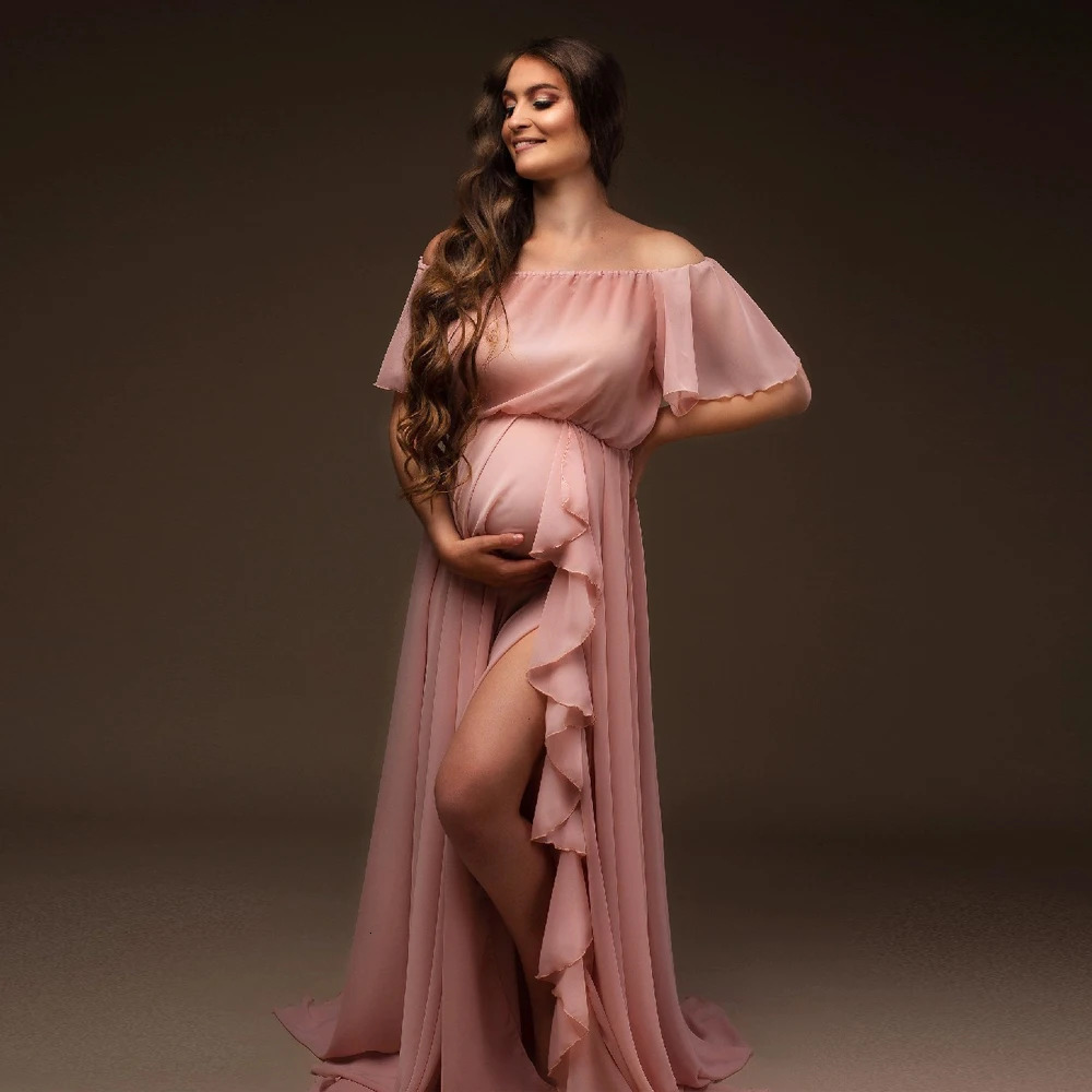Maternity Pography Dress Shoulder Ruffle Sleeve Chiffon Baby Shower Bohemian Po Shooting Pregnancy 240301