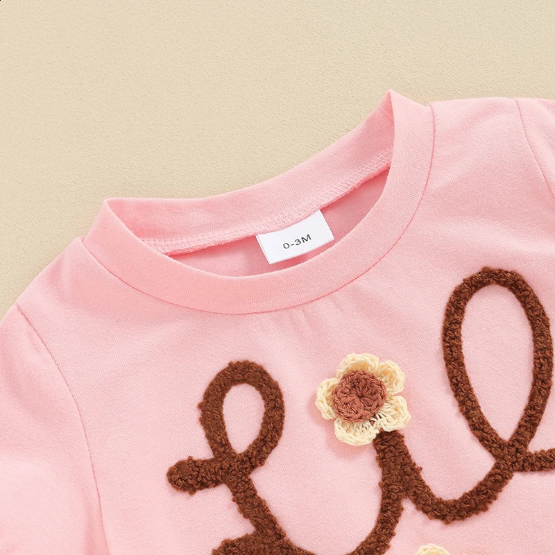 Pudcoco Girls Summer 2PCS Shorts Sets Short Sleeve Letter Flower Embroidery Tops Solid Color Sister Matching Outfits 240313