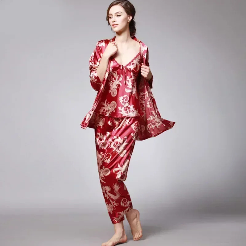 Chinese Dragon Printing Womens Pajamas Soft Exquisite Night-robe Loose Gorgeous Sleepwear Cloak Sexy Homewear Three-piece set 240309