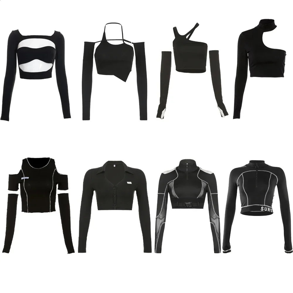 Patchwork Black T-shirts Gothic One Shoulder Sleeve Y2k Crop Tops Hip Hop Techwear Women Clothes Tees Graphic T Shirts Harajuku 240312