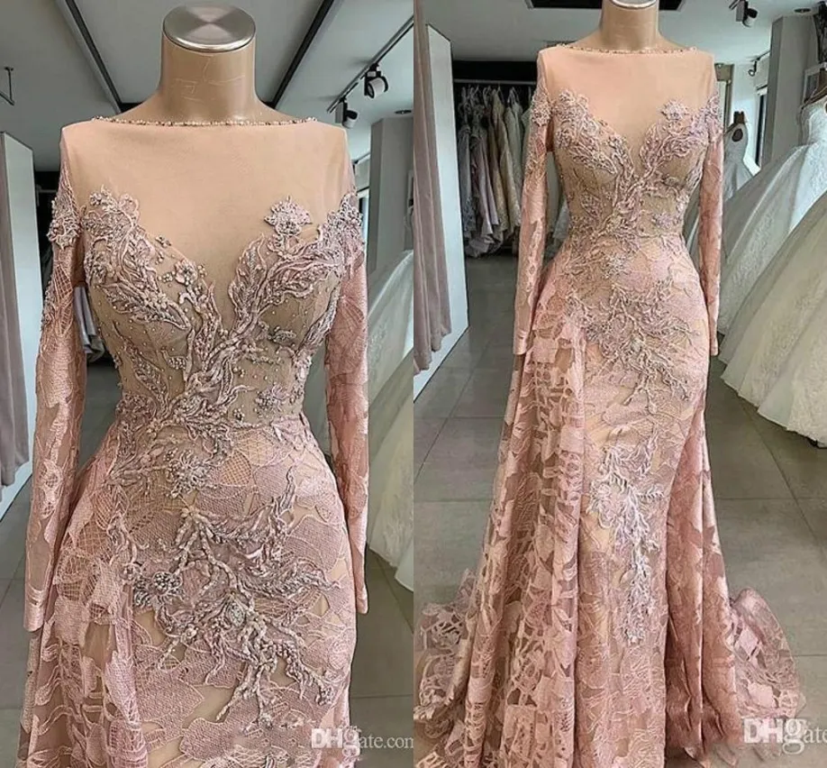 Dusty Pink Mermaid Prom Dresses Vintage Sleeve Lace Appliques Beads Long Evening Gowns Formal Ocn Vestidos BC