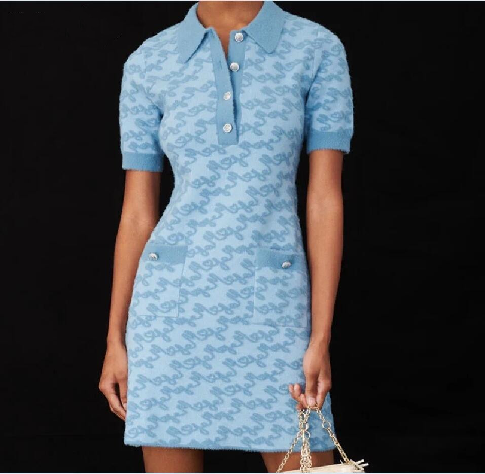 2024 Spring/Summer New M-aje Blue Fragrant Letter Jacquard Polo Collar Slim Knitted Dress