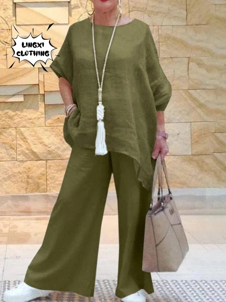 2024 Summer Fashion Cotton Linen Womens Set Large Irregular Shirt High Waist Loose Wide Leg Pants Elegant Two Piece 240315
