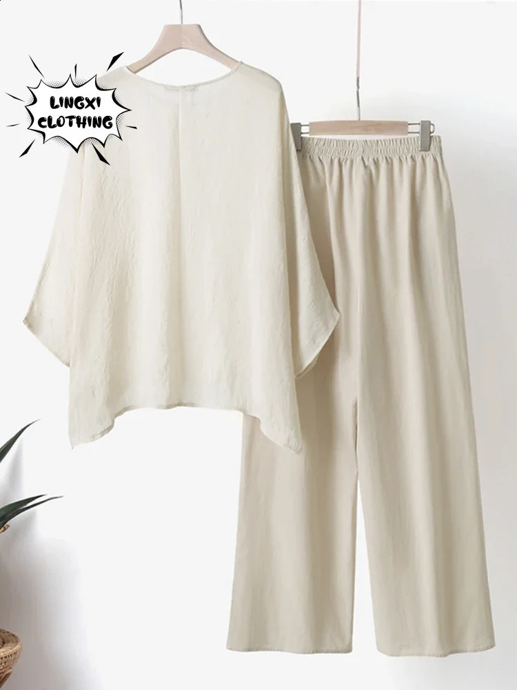 2024 Summer Fashion Cotton Linen Womens Set Large Irregular Shirt High Waist Loose Wide Leg Pants Elegant Two Piece 240315