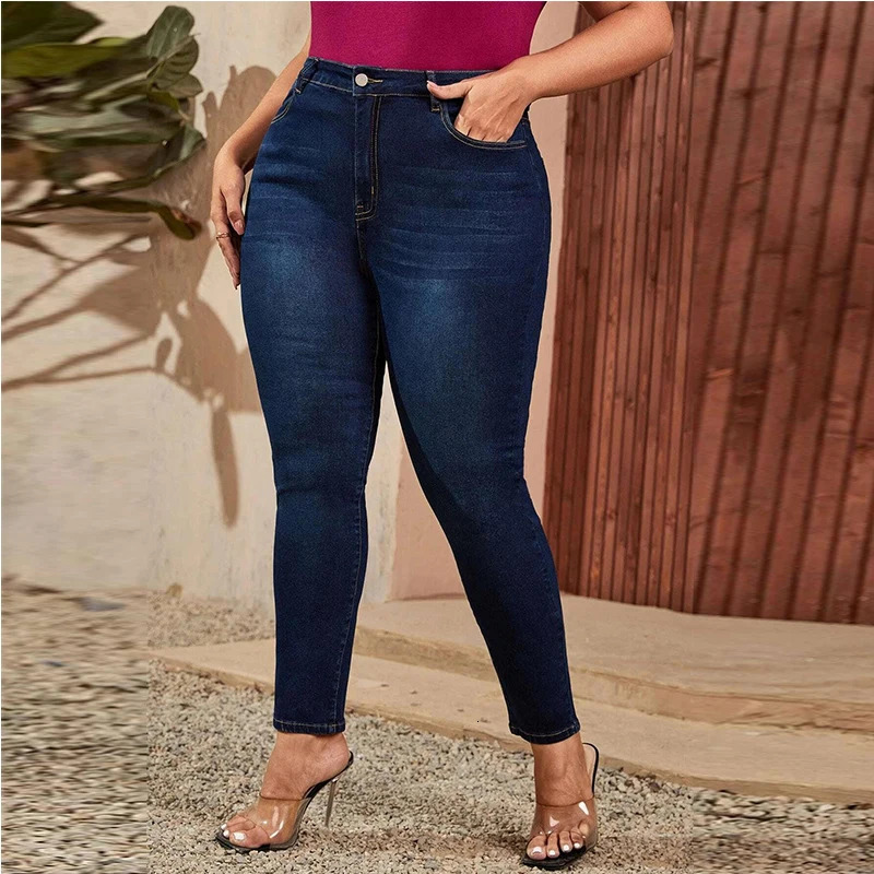 Plus Size Women Mom Jeans High Waist Plus Size Jeans High Elastic Stretch Jeans 100kgs Washed Denim Skinny Pencil Denim Pant 240315