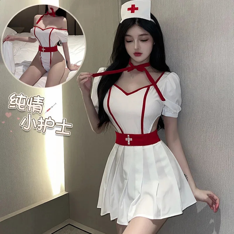 Sexy Nurse Uniform Open Crotch Cosplay Nurses Lingerie Porn Sleepwear Bodysuit Erotic Clothes Doctor Skirt Sex 240311