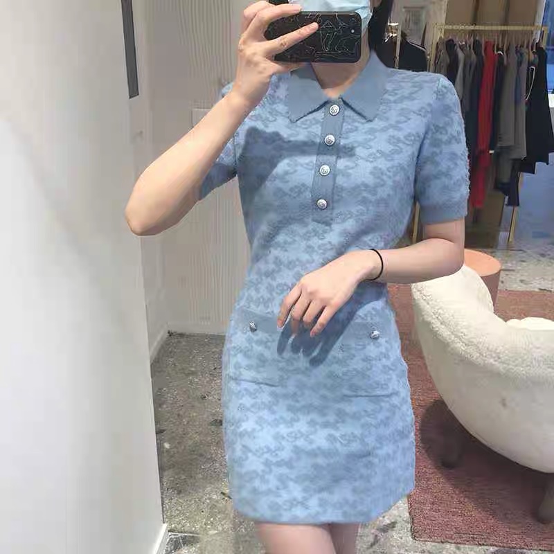 2024 Spring/Summer New M-aje Blue Fragrant Letter Jacquard Polo Collar Slim Knitted Dress