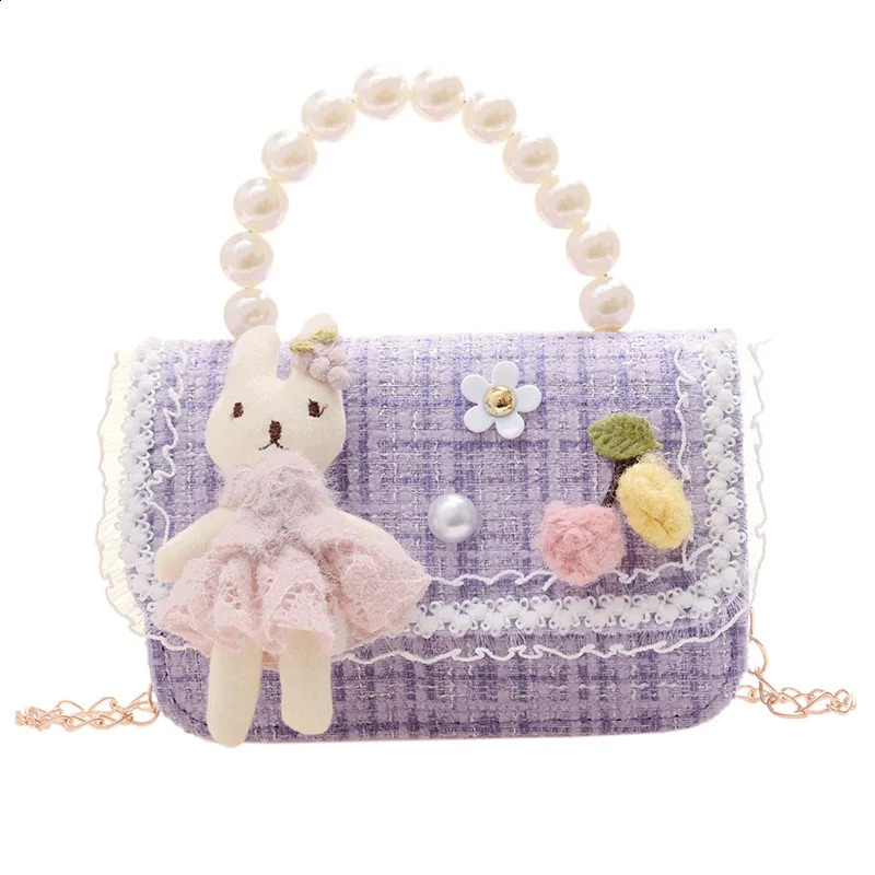 Fashion Pearl Chains Children Shoulder Messenger Bag Cartoon Plush Rabbit Cute Girls Handbag Small Square Baby Kids Coin Purse 240314