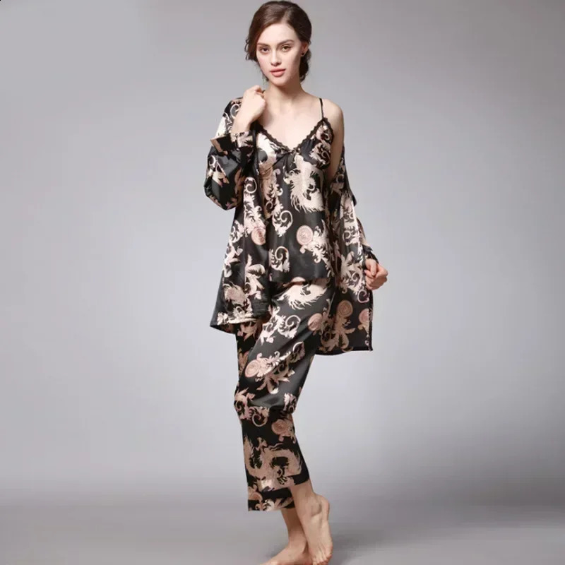 Chinese Dragon Printing Womens Pajamas Soft Exquisite Night-robe Loose Gorgeous Sleepwear Cloak Sexy Homewear Three-piece set 240309