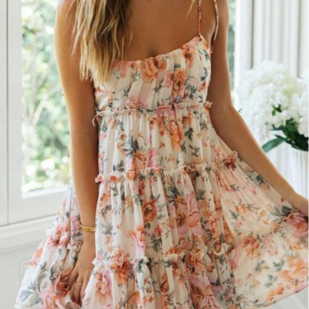 Summer Sweet Hanging Strap Printed Auricularia Chiffon Dress