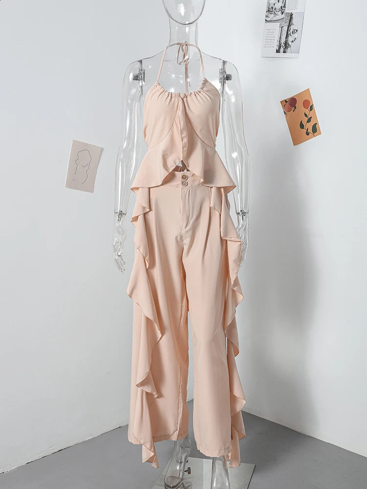 Camisole Ruffle Womens 2 Piece Set Sleeveless Backless LaceUp Top WideLeg Pants 2024 Spring Summer Fashion Lady Suit 240315