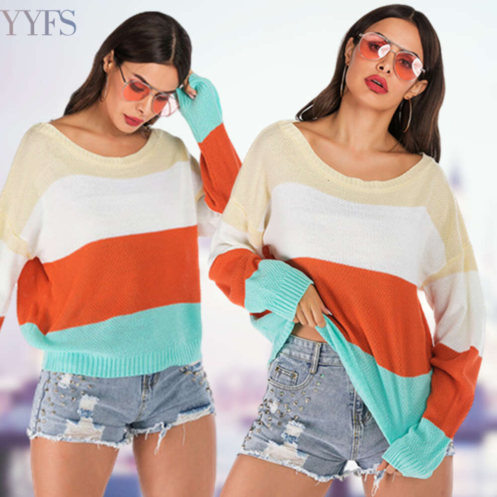 Bat Sleeved Contrasting for Women , Loose and Slim Round Neck Versatile Knit Sweater