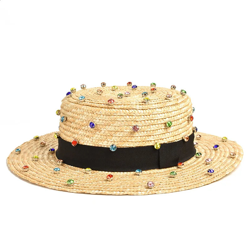 Natural wheat straw handmade diamond sewing decoration jazz hat outdoor travel beach 240311