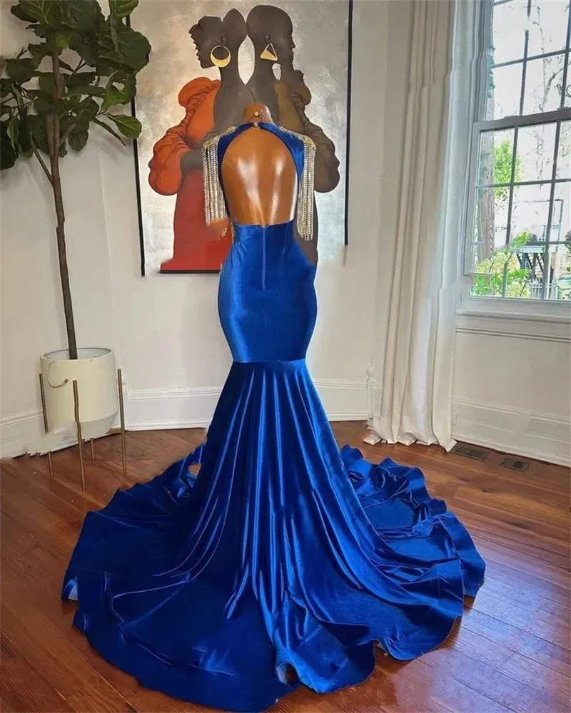 Sexy High Neck Long Prom Dress For Black Girls Tassel Royal Blue Appliques Backless Birthday Party Evening Gowns Robe De 0914
