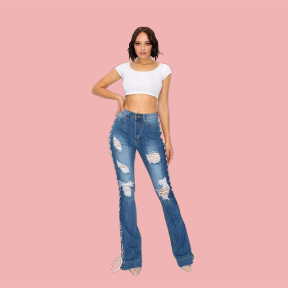 2024 Spring and Autumn New Hot Selling Elastic Micro Horn Jeans Women's Wide Leg Lace Long Pants