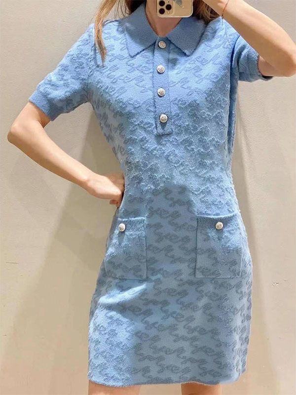2024 Spring/Summer New M-aje Blue Fragrant Letter Jacquard Polo Collar Slim Knitted Dress