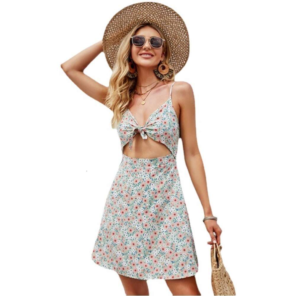 Fresh Breeze, Small Floral Wrap, Chest Tied, Hollowed Out, Navel Exposed Sexy Dress for Women 9082