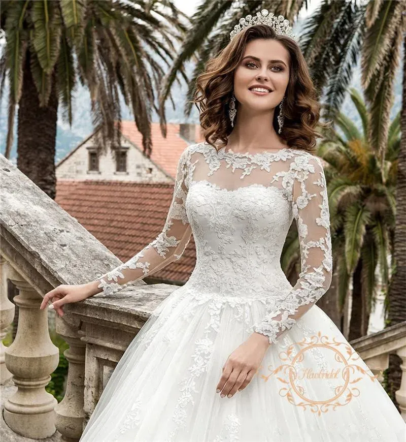 Ful Lace A E Dresses Sheer Long Sleeves Tulle Appliques Bridal Wedding Gowns With Corset Back Robes Bc18321 6660305