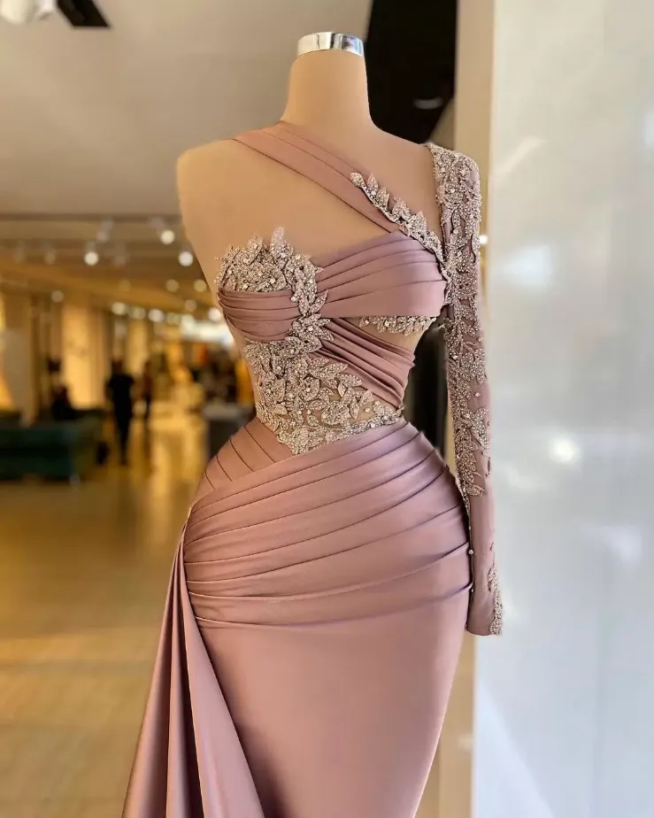 Gorgeous One Shoulder Satin Mermaid Dresses Long Sleeve Appliques Beaded Ruched Women Evening Pageant Prom Gowns Custom Made Bc14119 6660305