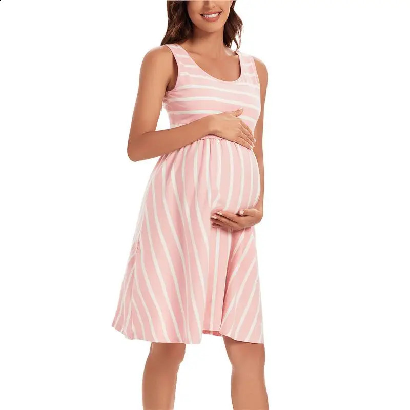 Nursing Dress Striped Baby Shower Breastfeeding Pregnancy Elegant Sleeveless Premama Pregnant Dresses Vestido Robe Femme 240309