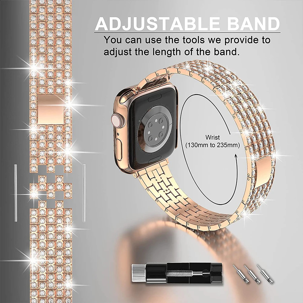 Womens Diamond Case Strap for Watch Band 7 6 41mm 45mm 38/42/40/44mm Metal Bracelet for iWatch Series SE 3 Jewelry Cover 240311