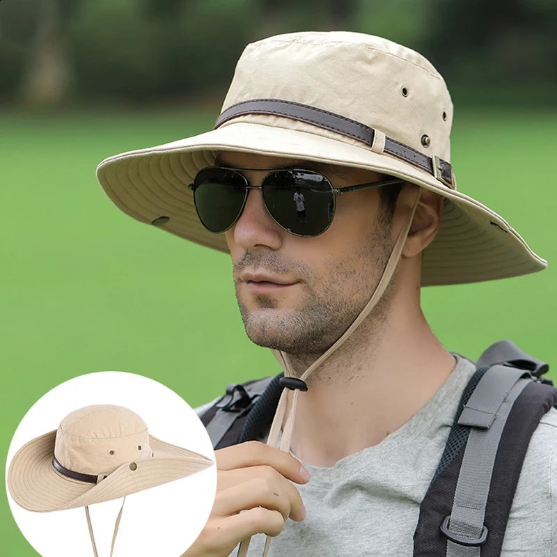 Summer Men Bucket Hat Belt Decorate Breathable 9cm Large Brim Sun Outdoor Sport Hiking Fishing Cap AntiUV Male Panama Caps 240311